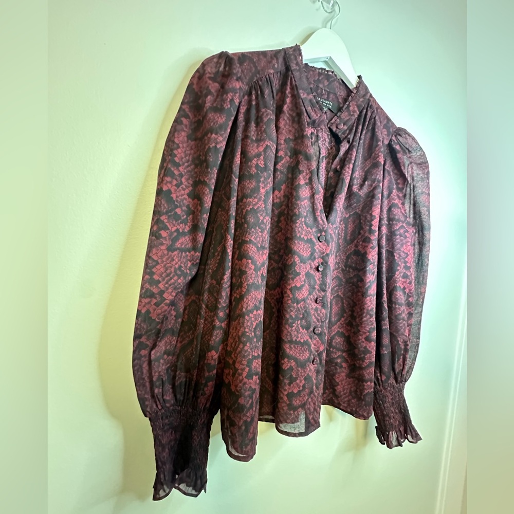 ALLSAINTS Leonie Stanza Shirt in Burgundy Red Python Sheer Print US Size 6 - Picture 10 of 17
